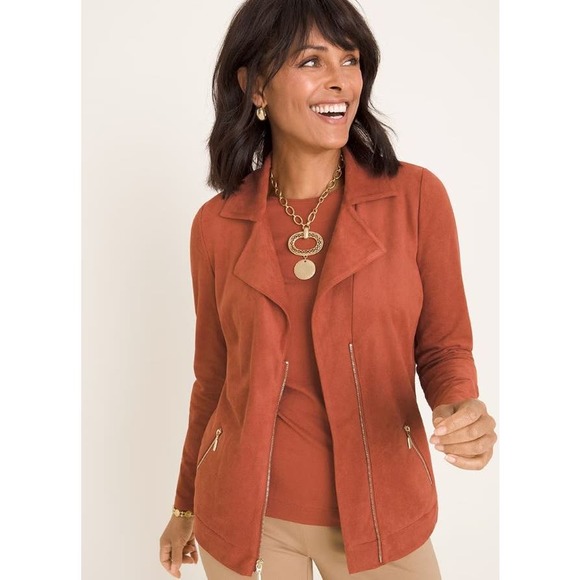 Chico's (2) Size 12 Large Moto Jacket Faux Suede Rust Fawn Brown Gold-Tone Zip - Picture 2 of 12